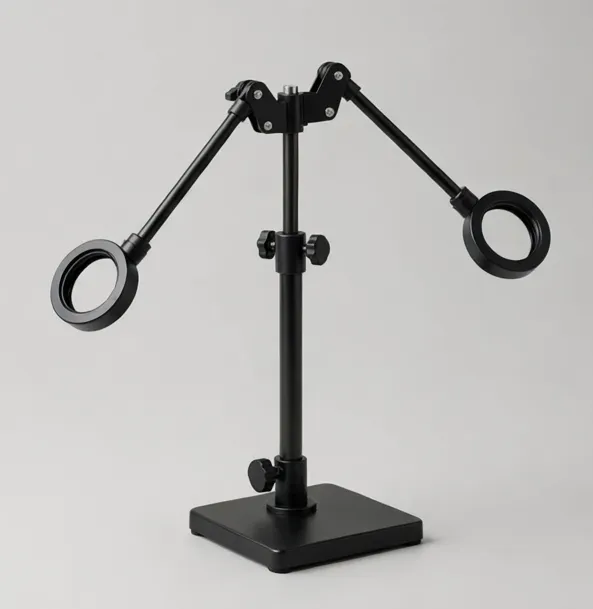 Double-arm boom stand for a microscope with a mounting ring