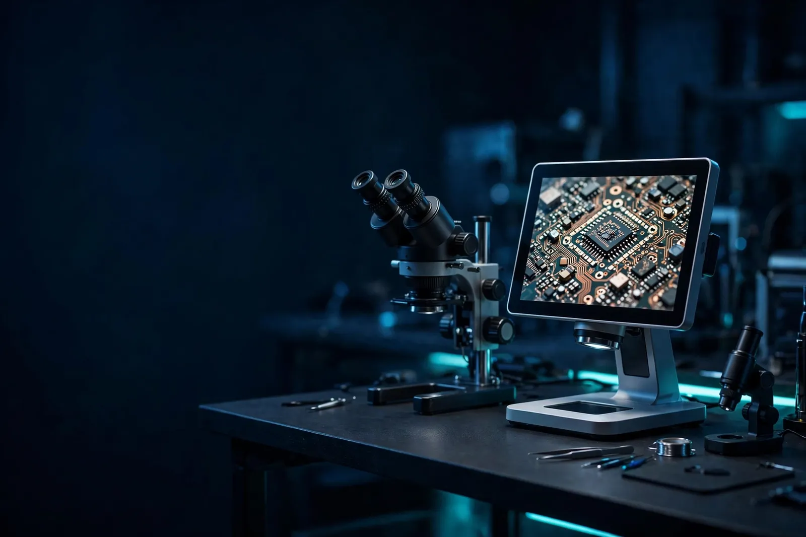 Digital and stereo microscopes on a dark electronics workbench