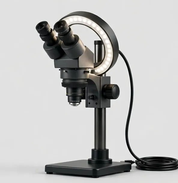 Industrial inspection microscope with a large ring light on a post stand