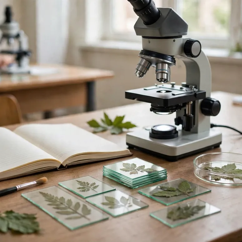 Classroom bench with a microscope, leaf slides and a notebook