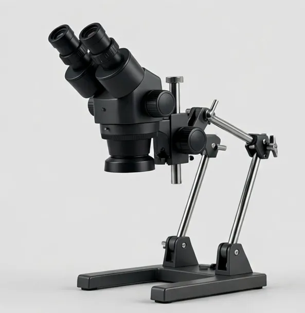 Focara ZoomStereo 7x–45x Stereo Microscope on Boom Stand — True stereo depth for inspection and repair — continuous 7x–45x zoom on a boom arm