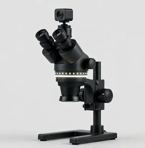 Trinocular stereo microscope with LED ring light and camera